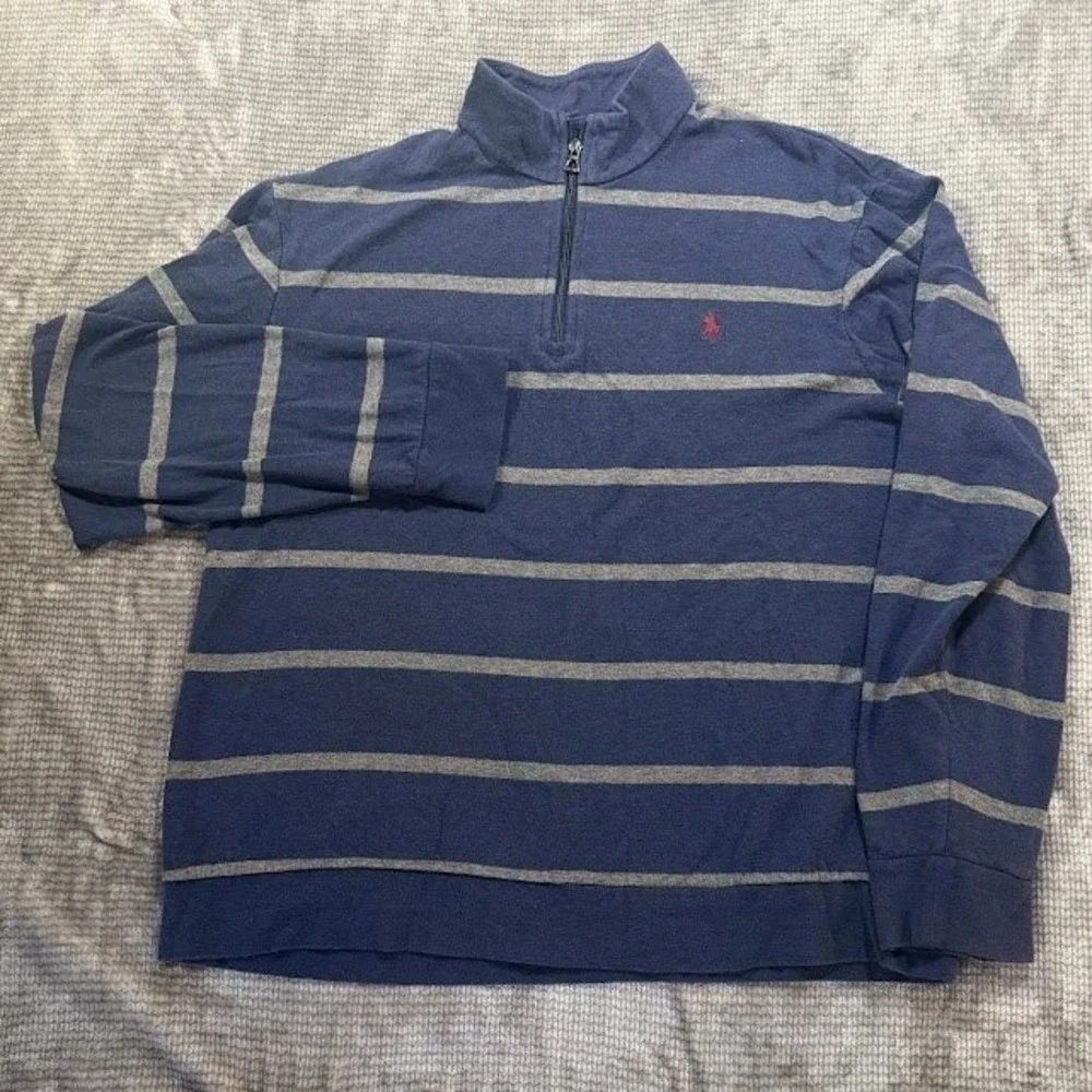 Polo Ralph Lauren Mens XL Quarter‎ Zip Pullover Navy Blue Grey Striped Sweater
